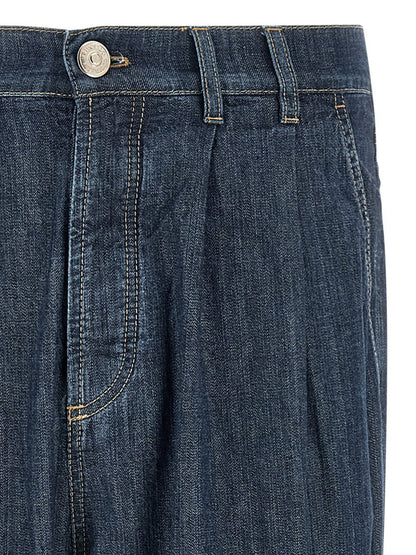 Brunello Cucinelli Men's Straight Leg Denim Cotton & Suede Leather Jeans - Blue