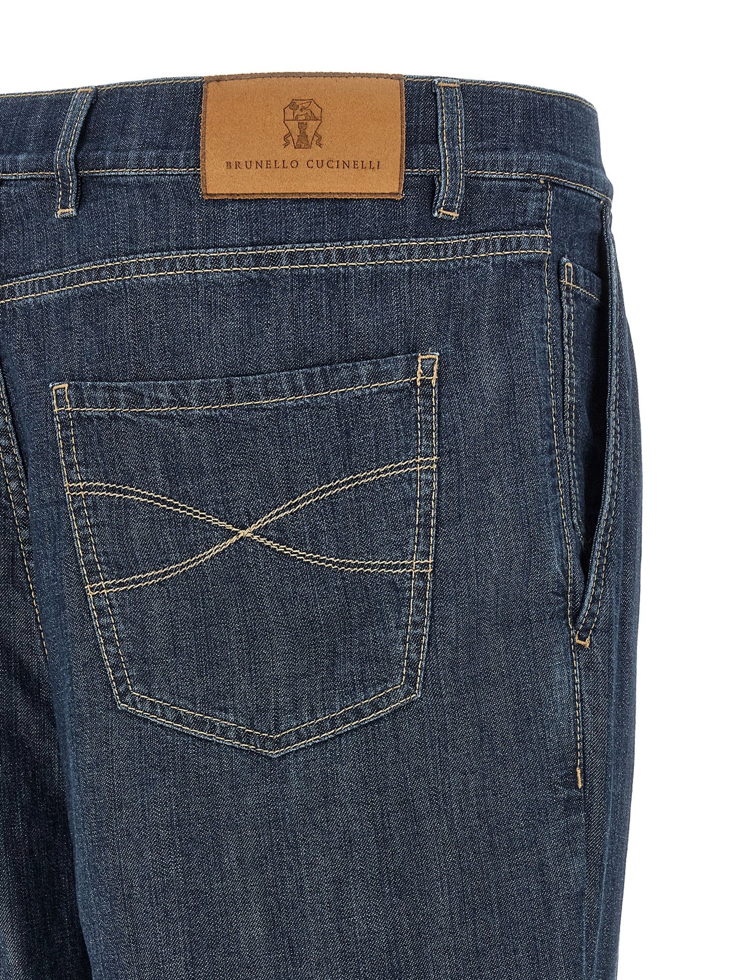 Brunello Cucinelli Men's Straight Leg Denim Cotton & Suede Leather Jeans - Blue