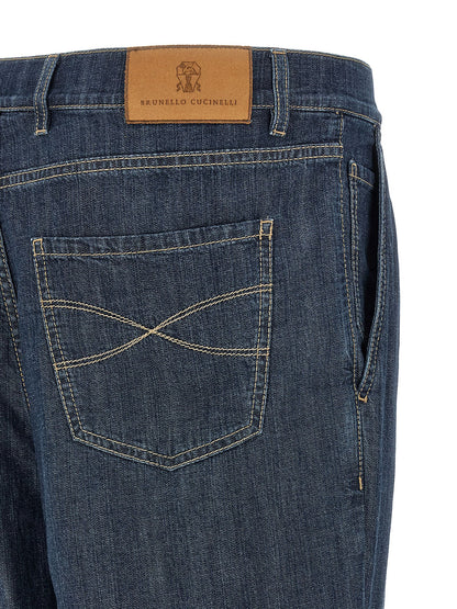 Brunello Cucinelli Men's Straight Leg Denim Cotton & Suede Leather Jeans - Blue