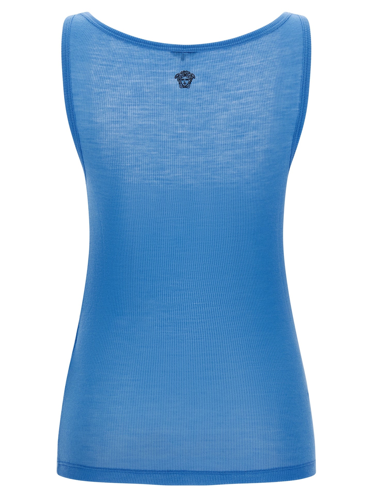 Tank Top by Versace for women in virgin wool light-blue & signature showcases a meticulous silhouette, artfully finished with a meticulous round neckline and for a sophisticated, meticulous look.