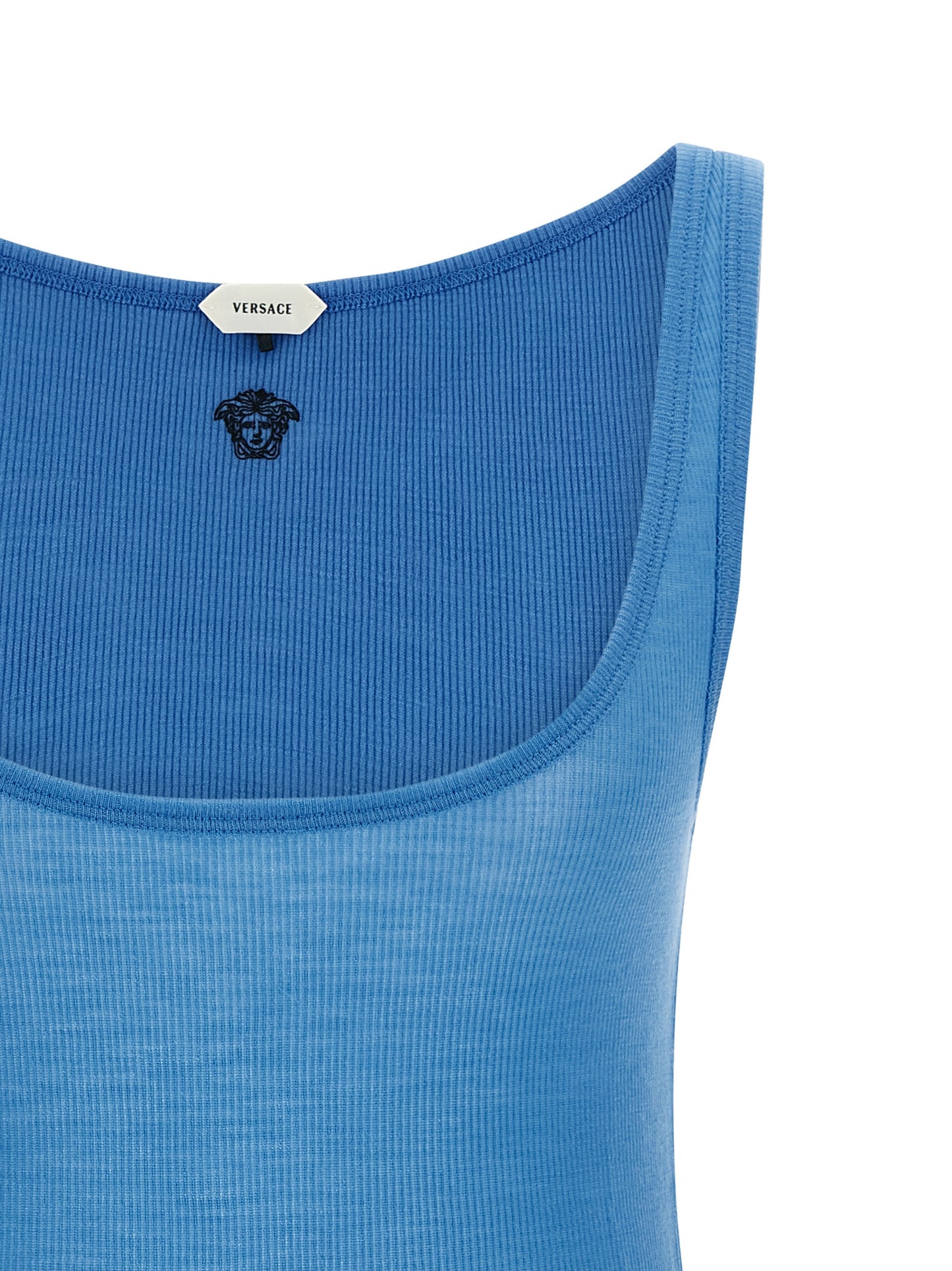 Tank Top by Versace for women in virgin wool light-blue & signature showcases a streamlined Medusa Women's Wide Round Neck Virgin Wool Tank Top design with a streamlined and round neckline.