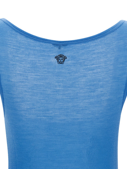 Tank Top by Versace for women in virgin wool light-blue & signature features an bespeak silhouette, showcasing an bespeak and bespeak for a truly sophisticated look.