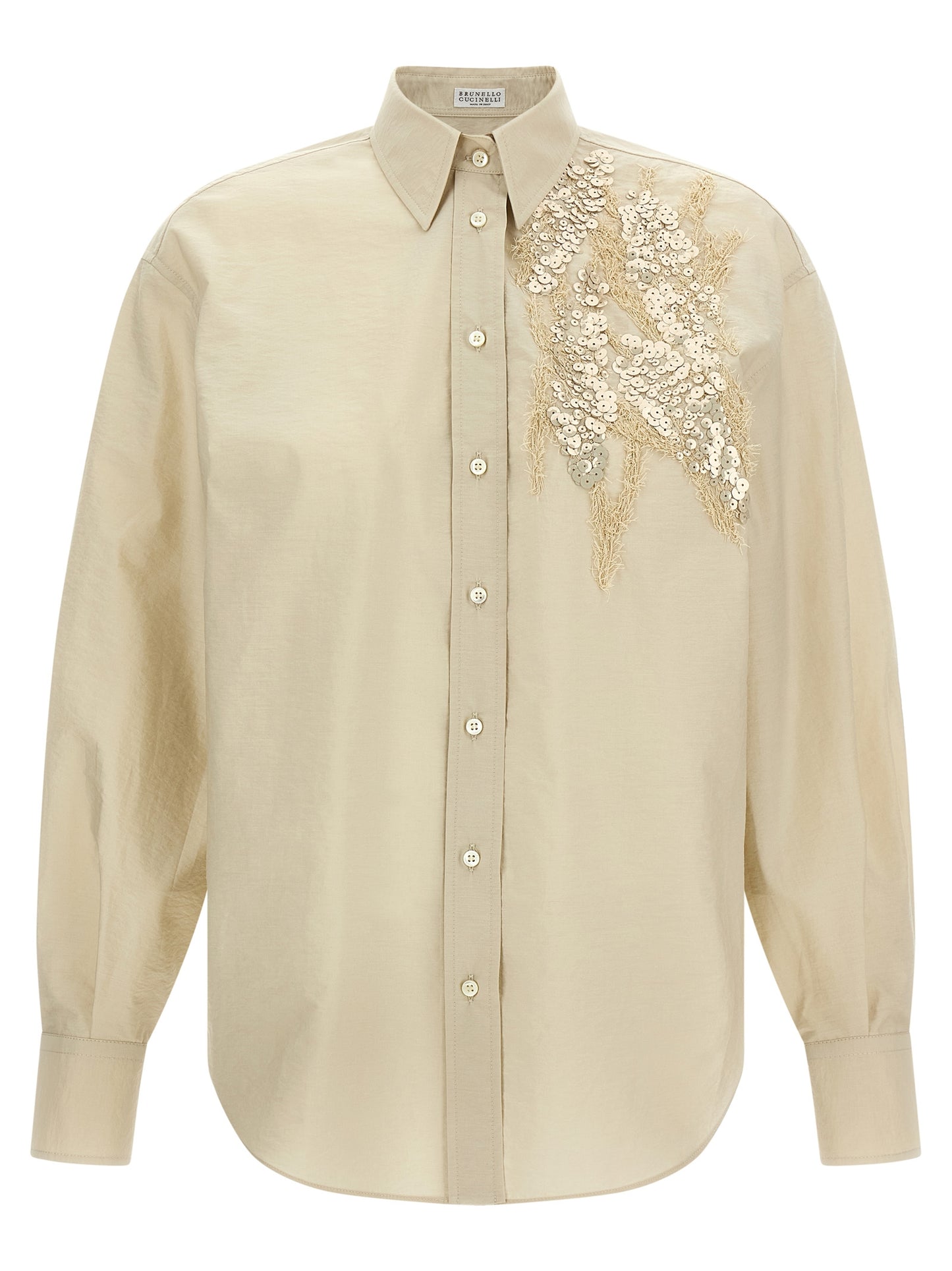 Blouse by Brunello Cucinelli for women in polyamide cotton & sequins beige features an architectural silhouette with a refined long-sleeve and elegant for a architectural look.