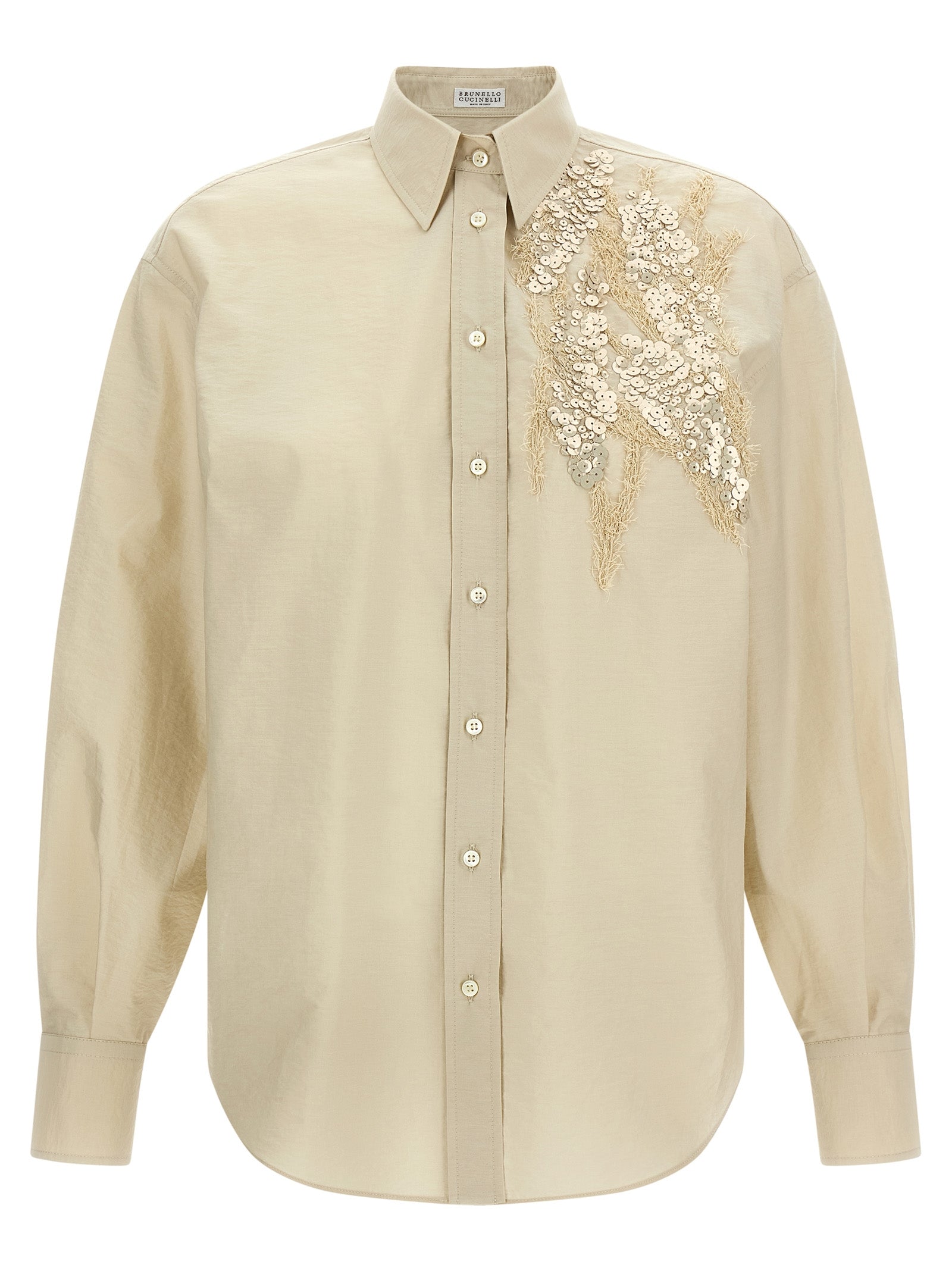 Blouse by Brunello Cucinelli for women in polyamide cotton & sequins beige features an architectural silhouette with a refined long-sleeve and elegant for a architectural look.