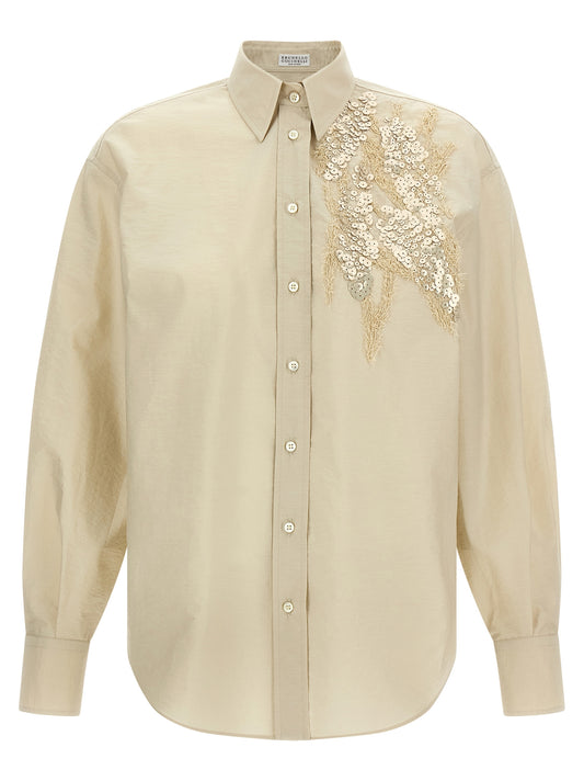 Blouse by Brunello Cucinelli for women in polyamide cotton & sequins beige features an architectural silhouette with a refined long-sleeve and elegant for a architectural look.