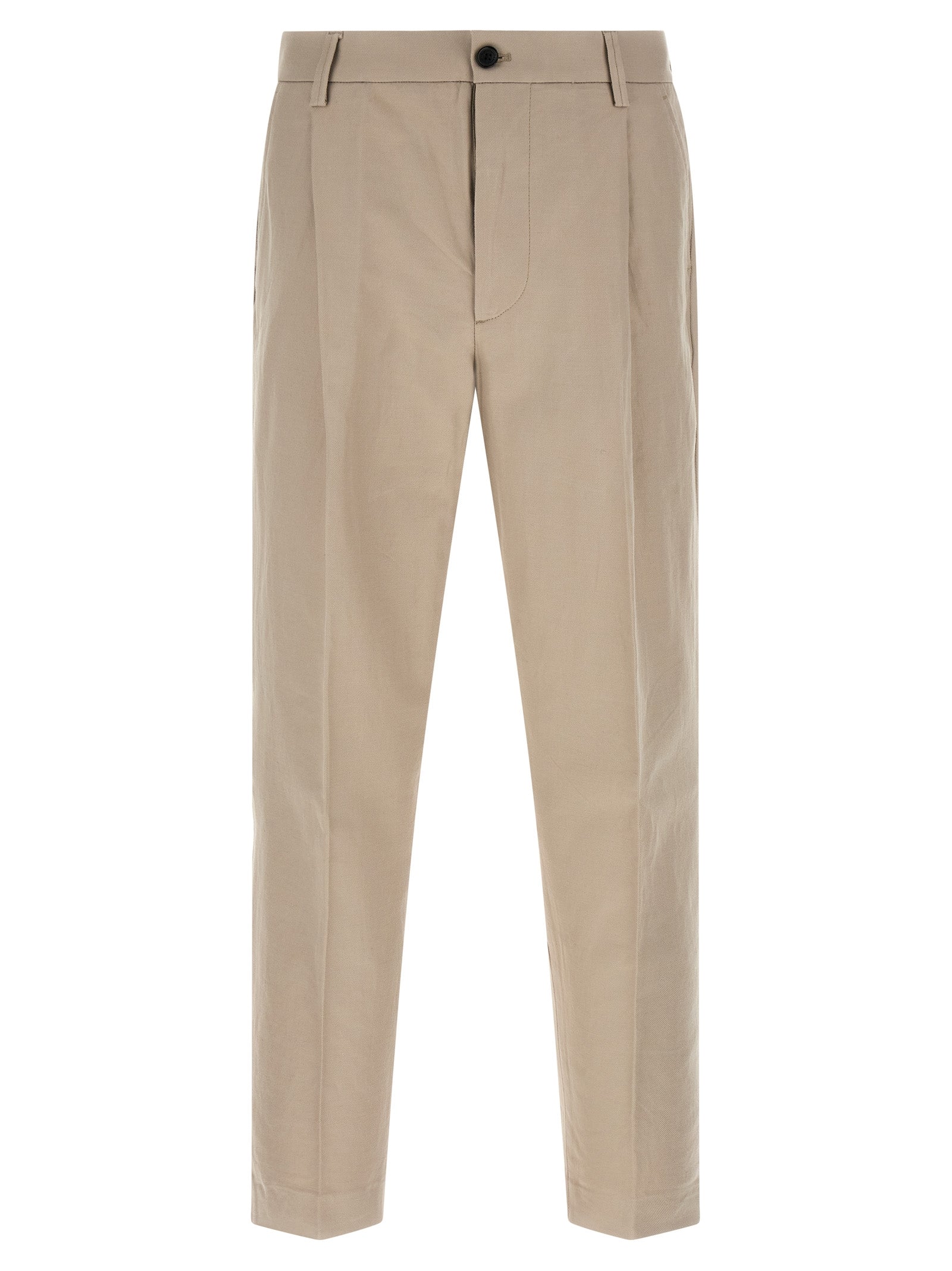 Casual Pants by Department 5 for men in cotton & linen beige presents a tailored silhouette, showcasing a tailored wide and long cut with a refined for a truly tailored aesthetic.