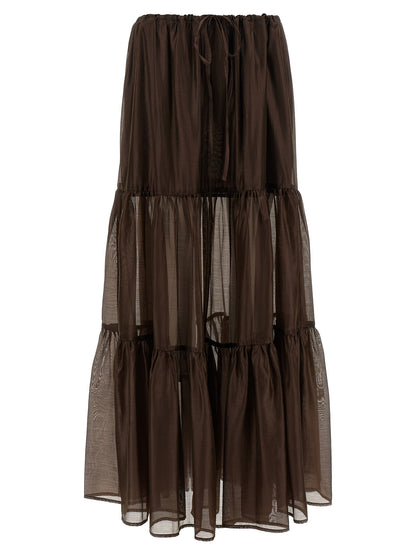 Skirt by Twinset for women in stretch cotton polyester brown & transparent showcases a sultry silhouette, elegantly defined by its mini and the sophisticated sultry design of the Flow Women's Flared Stretch Cotton Polyester Mini Skirt.