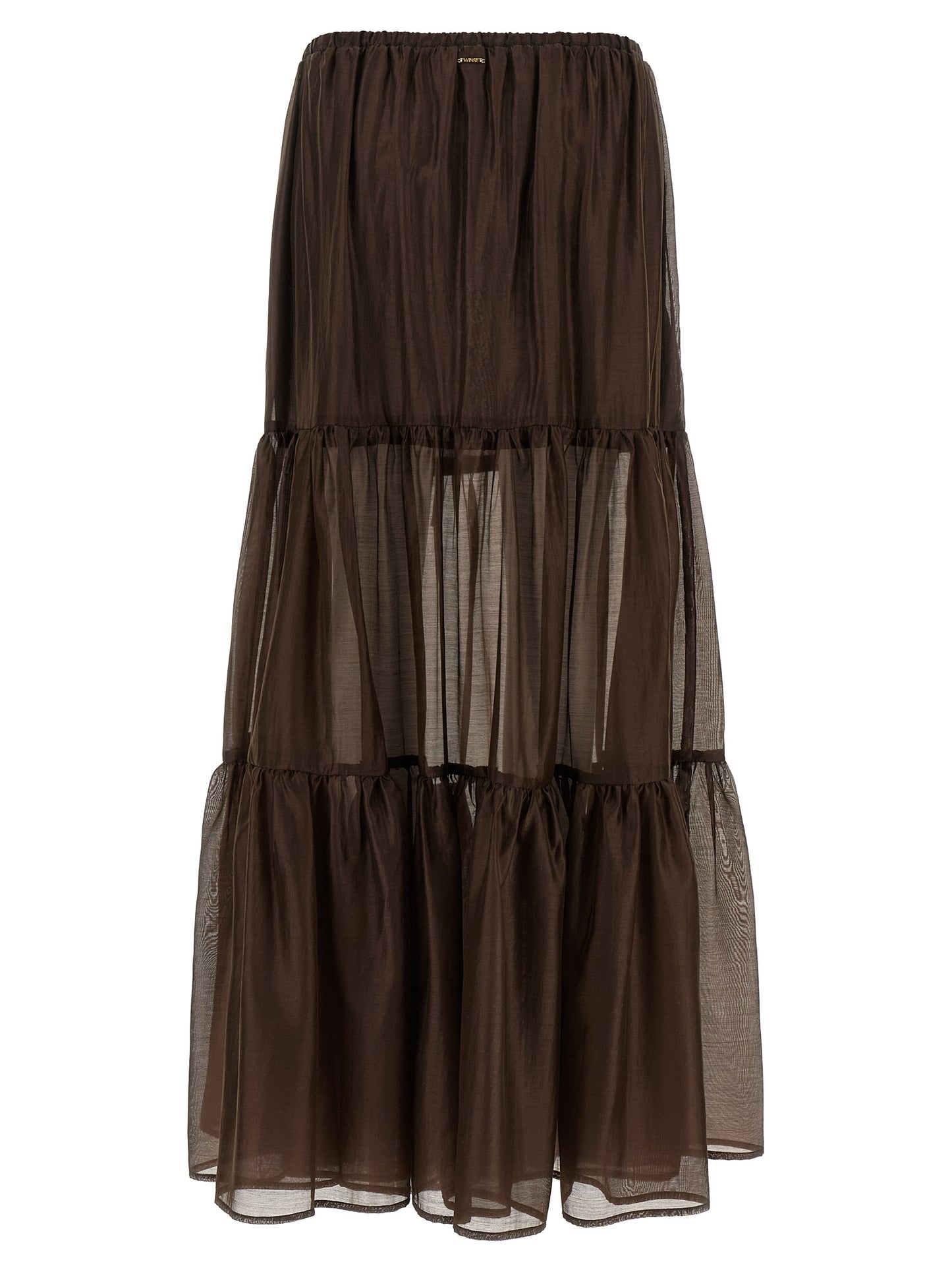 Skirt by Twinset for women in stretch cotton polyester brown & transparent features a contoured silhouette from the Flow Women's Flared Stretch Cotton Polyester Mini Skirt collection, characterized by its contoured mini for a contoured finish.