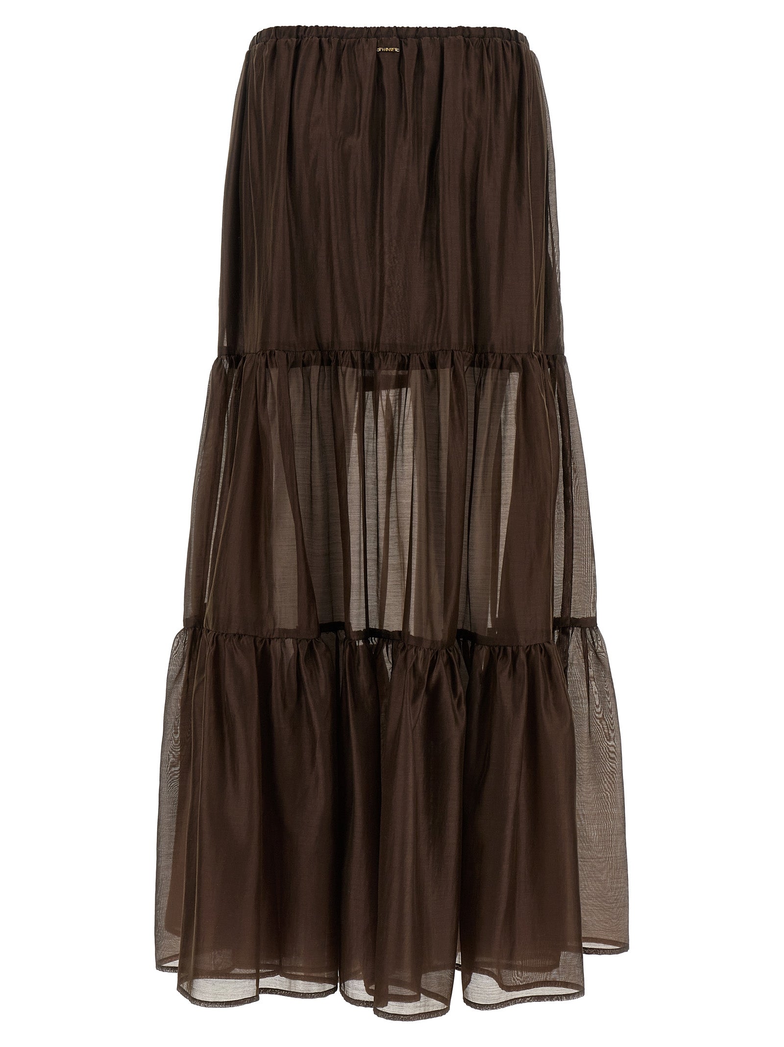 Skirt by Twinset for women in stretch cotton polyester brown & transparent features a contoured silhouette from the Flow Women's Flared Stretch Cotton Polyester Mini Skirt collection, characterized by its contoured mini for a contoured finish.