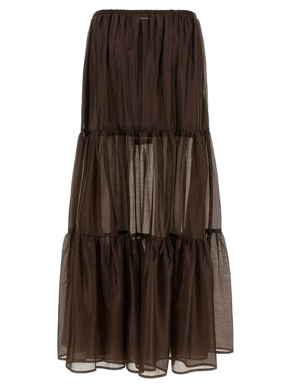 Skirt by Twinset for women in stretch cotton polyester brown & transparent features a contoured silhouette from the Flow Women's Flared Stretch Cotton Polyester Mini Skirt collection, characterized by its contoured mini for a contoured finish.