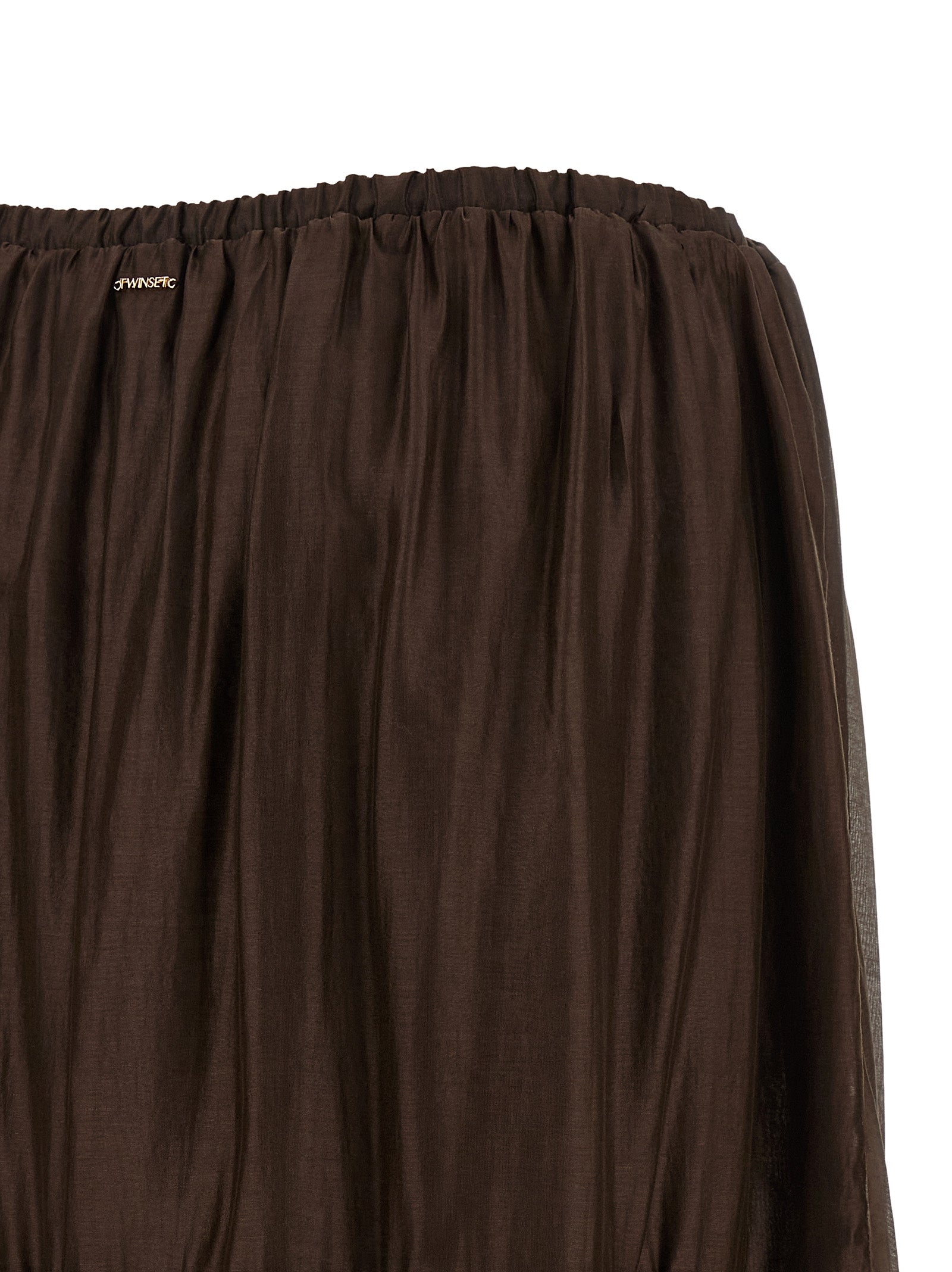 Skirt by Twinset for women in stretch cotton polyester brown & transparent features a sublime silhouette, showcasing the sublime design of the Flow Women's Flared Stretch Cotton Polyester Mini Skirt in a sophisticated mini.