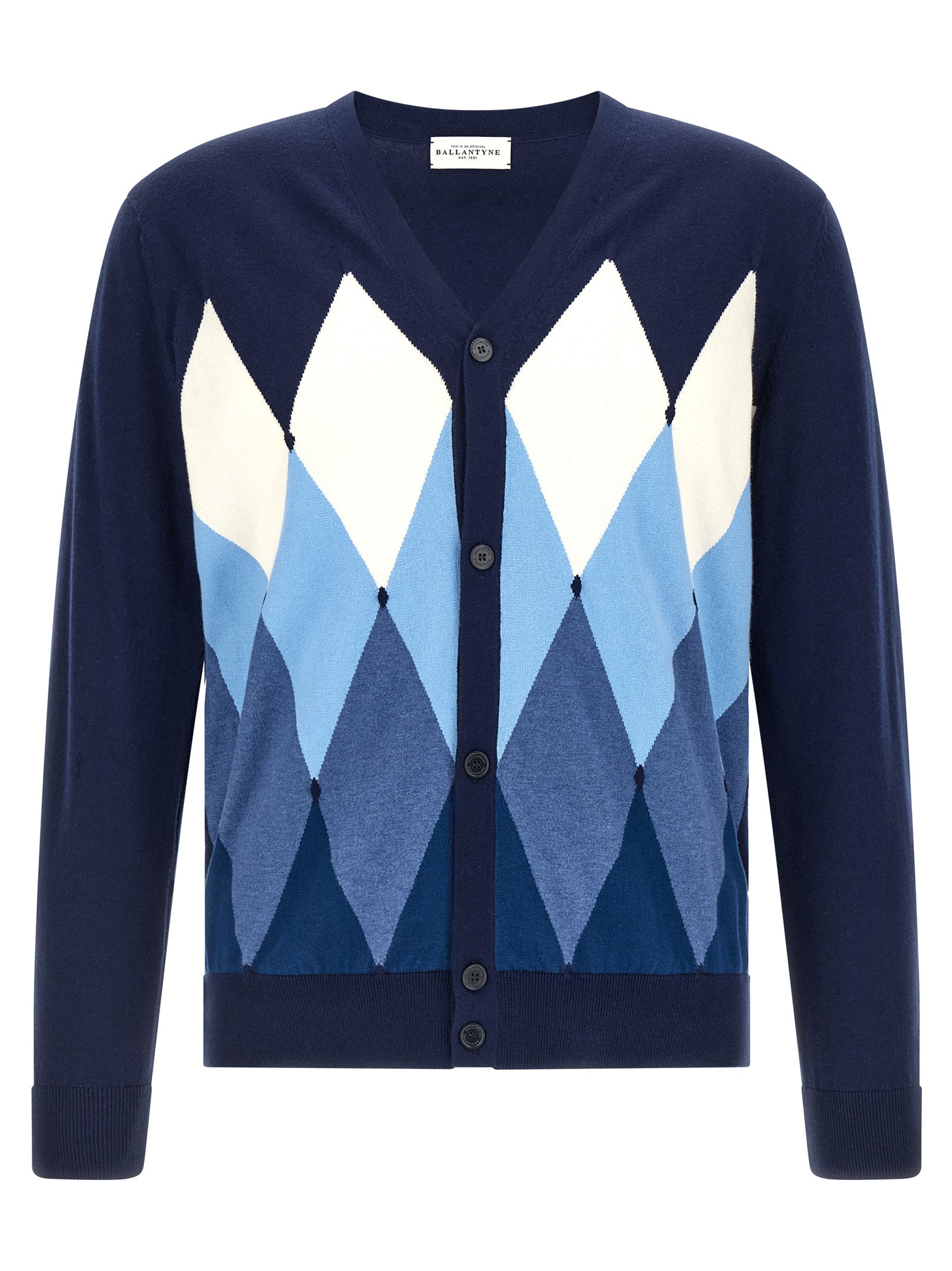 Cardigan by Ballantyne for men in cashmere cotton blend blue, pearl, patterned, argyle & jacquard features a dramatic silhouette, showcasing a sophisticated v-neck neckline and dramatic detail for a timeless, premium look.