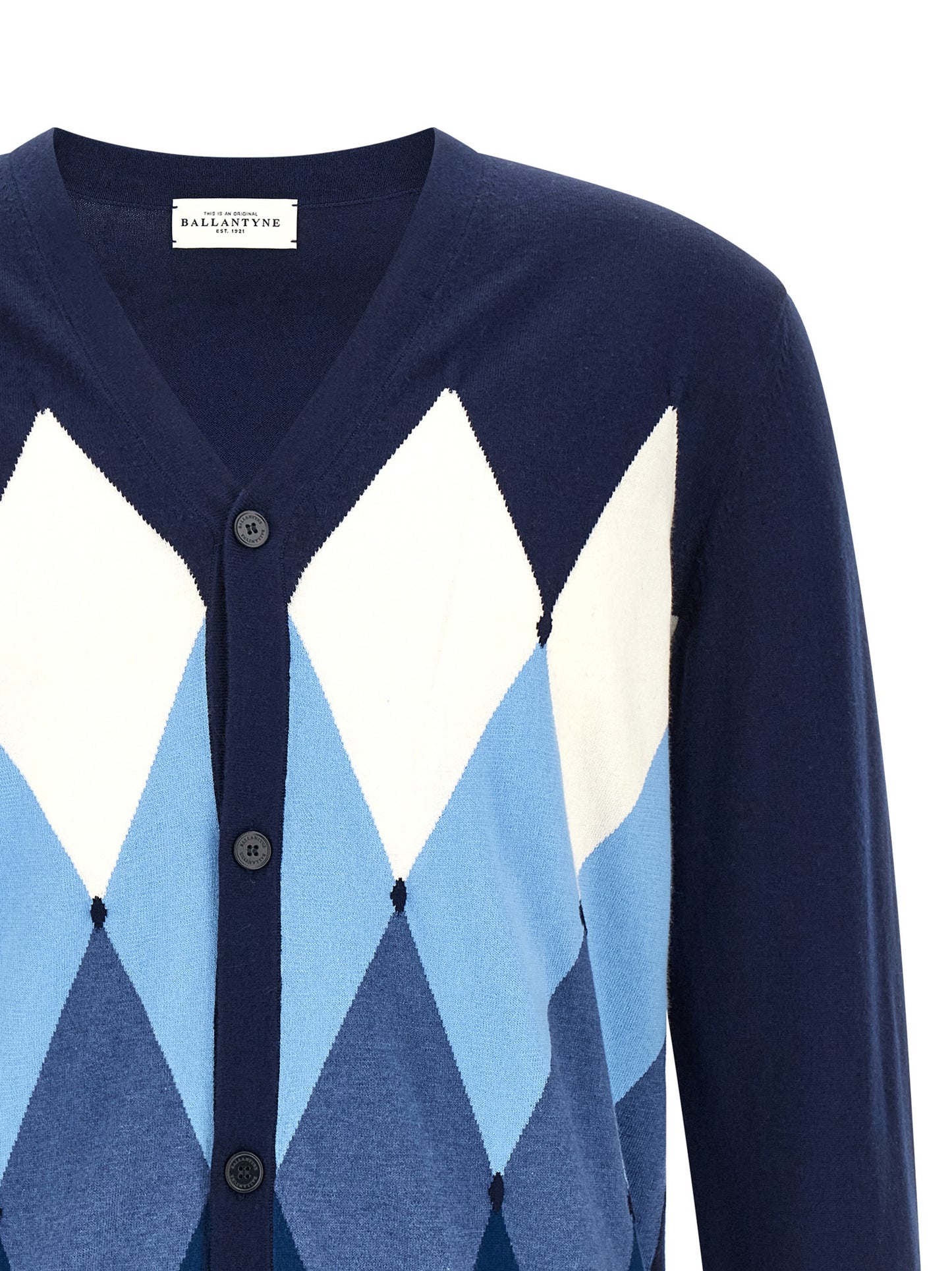 Cardigan by Ballantyne for men in cashmere cotton blend blue, pearl, patterned, argyle & jacquard features a nuanced silhouette with a refined v-neck neckline and nuanced detailing for a sophisticated look.