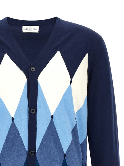 Cardigan by Ballantyne for men in cashmere cotton blend blue, pearl, patterned, argyle & jacquard features a nuanced silhouette with a refined v-neck neckline and nuanced detailing for a sophisticated look.