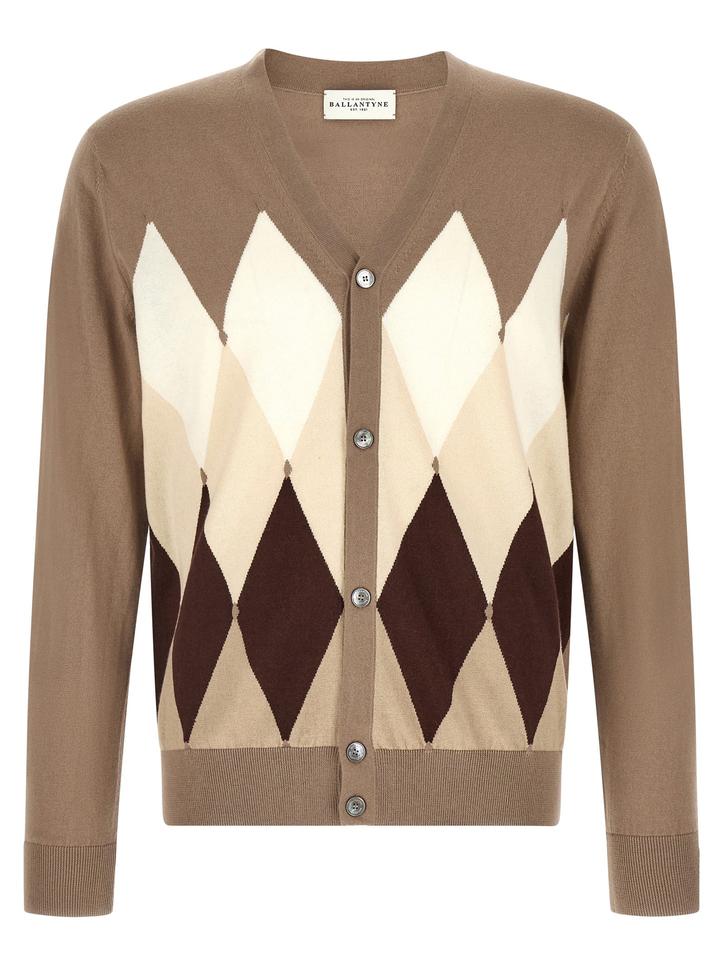 Ballantyne Men's V Neck Cashmere Cotton Blend Cardigan - Brown Pearl Patterned Argyle Jacquard