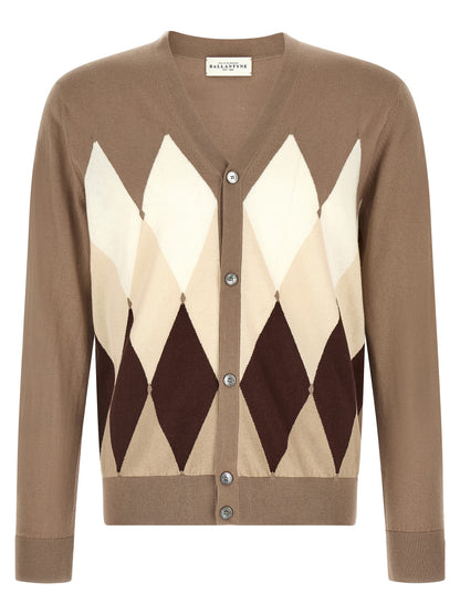 Ballantyne Men's V Neck Cashmere Cotton Blend Cardigan - Brown Pearl Patterned Argyle Jacquard