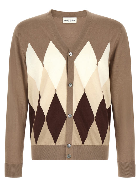 Ballantyne Men's V Neck Cashmere Cotton Blend Cardigan - Brown Pearl Patterned Argyle Jacquard
