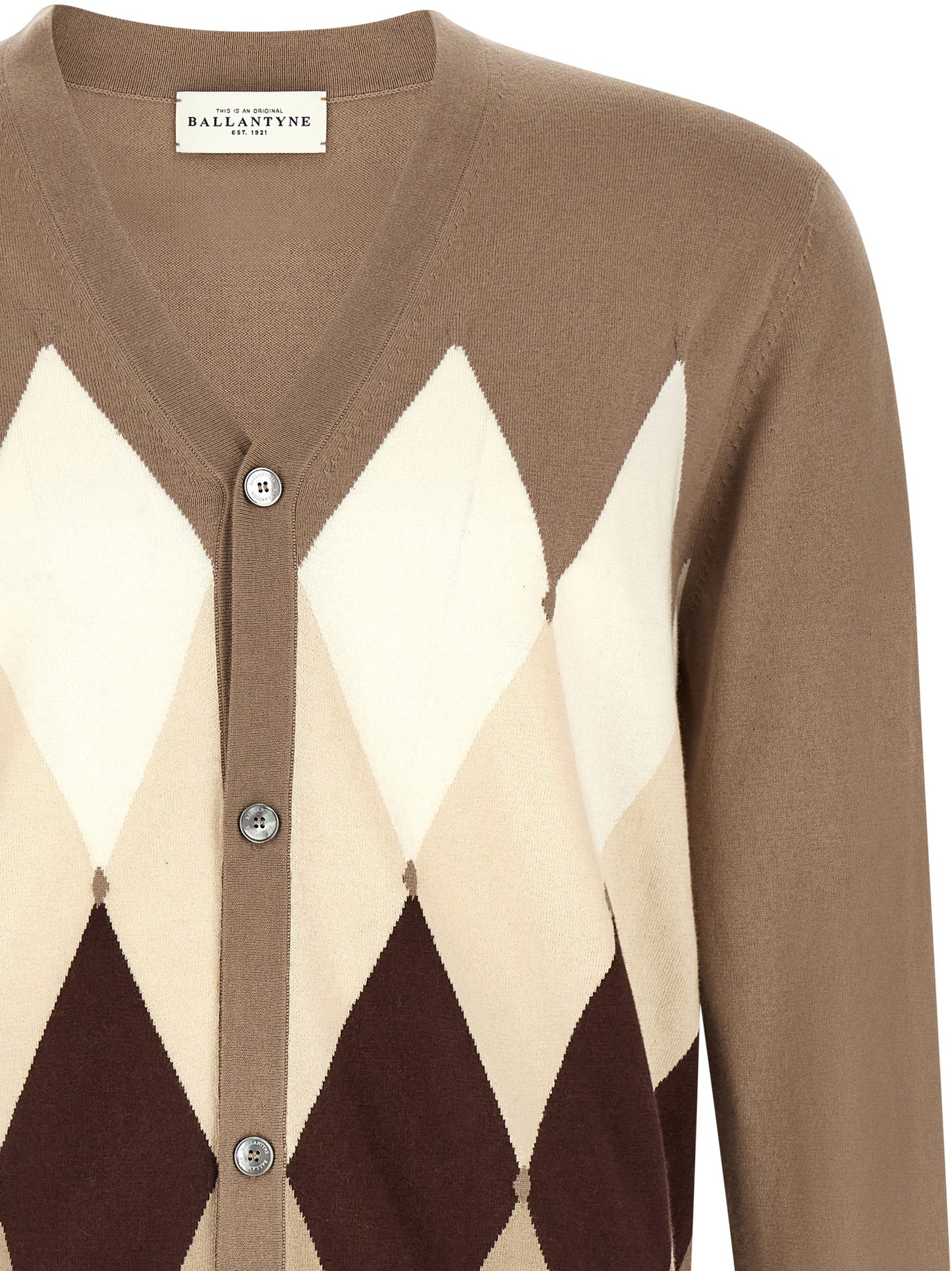 Ballantyne Men's V Neck Cashmere Cotton Blend Cardigan - Brown Pearl Patterned Argyle Jacquard