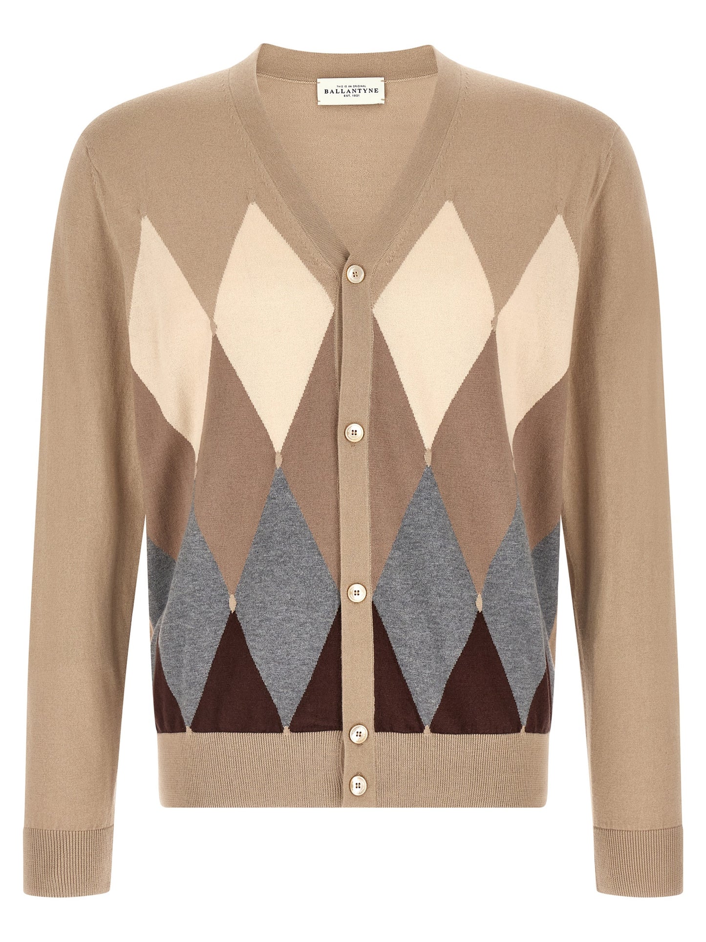Cardigan by Ballantyne for men in cashmere cotton blend beige, pearl, patterned, argyle & jacquard features a nuanced silhouette with a refined v-neck neckline and nuanced detailing for a sophisticated look.