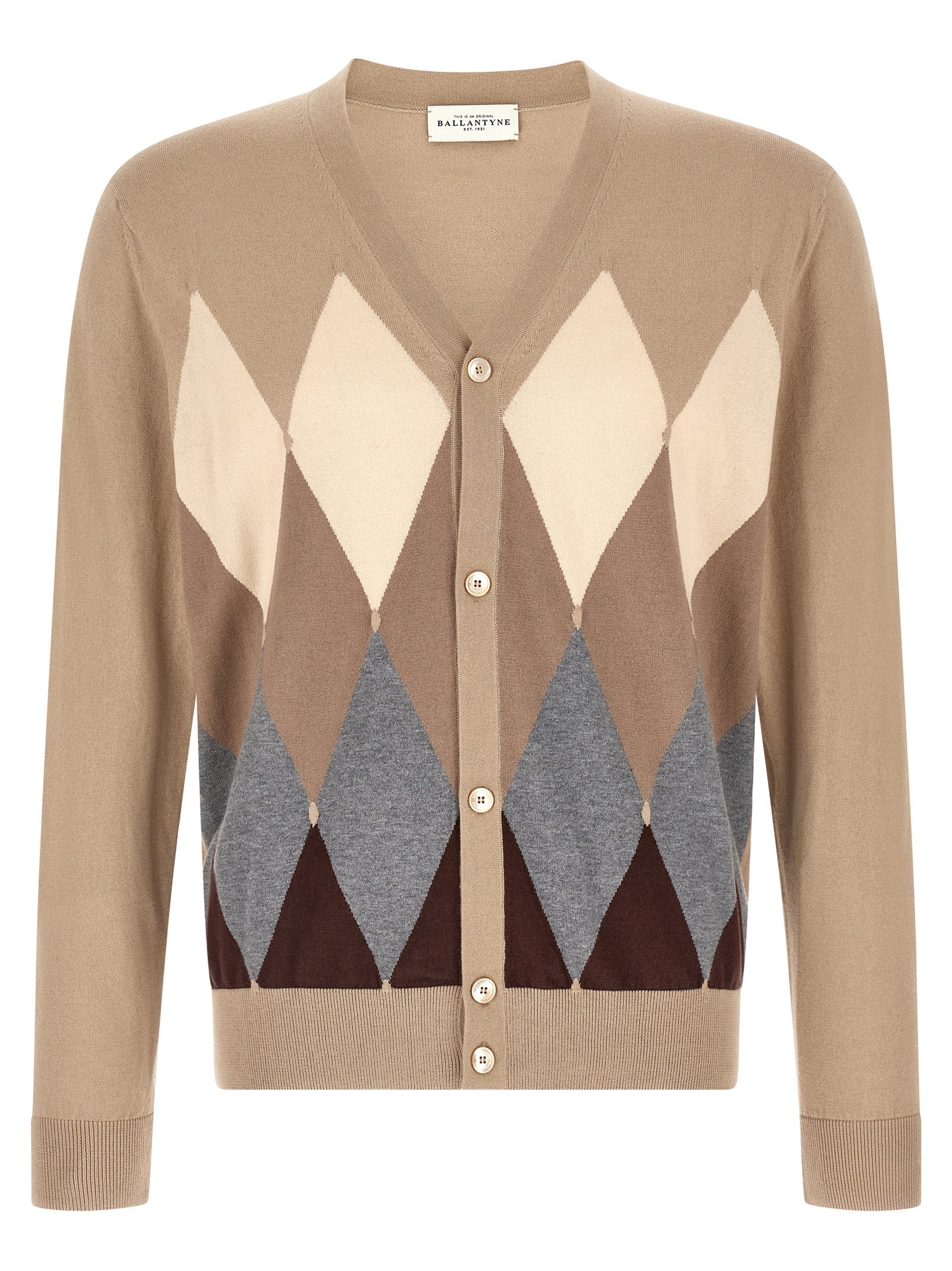 Cardigan by Ballantyne for men in cashmere cotton blend beige, pearl, patterned, argyle & jacquard features a nuanced silhouette with a refined v-neck neckline and nuanced detailing for a sophisticated look.