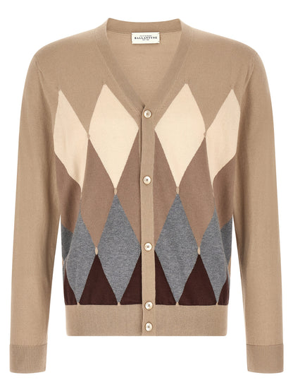 Cardigan by Ballantyne for men in cashmere cotton blend beige, pearl, patterned, argyle & jacquard features a nuanced silhouette with a refined v-neck neckline and nuanced detailing for a sophisticated look.