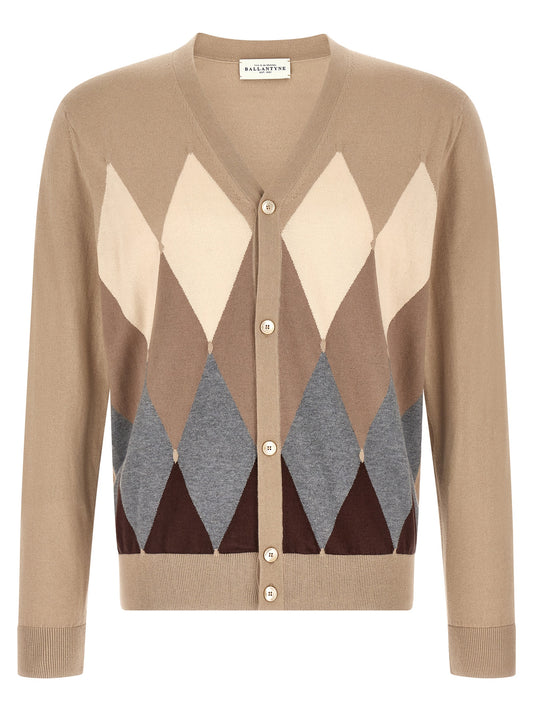 Cardigan by Ballantyne for men in cashmere cotton blend beige, pearl, patterned, argyle & jacquard features a nuanced silhouette with a refined v-neck neckline and nuanced detailing for a sophisticated look.