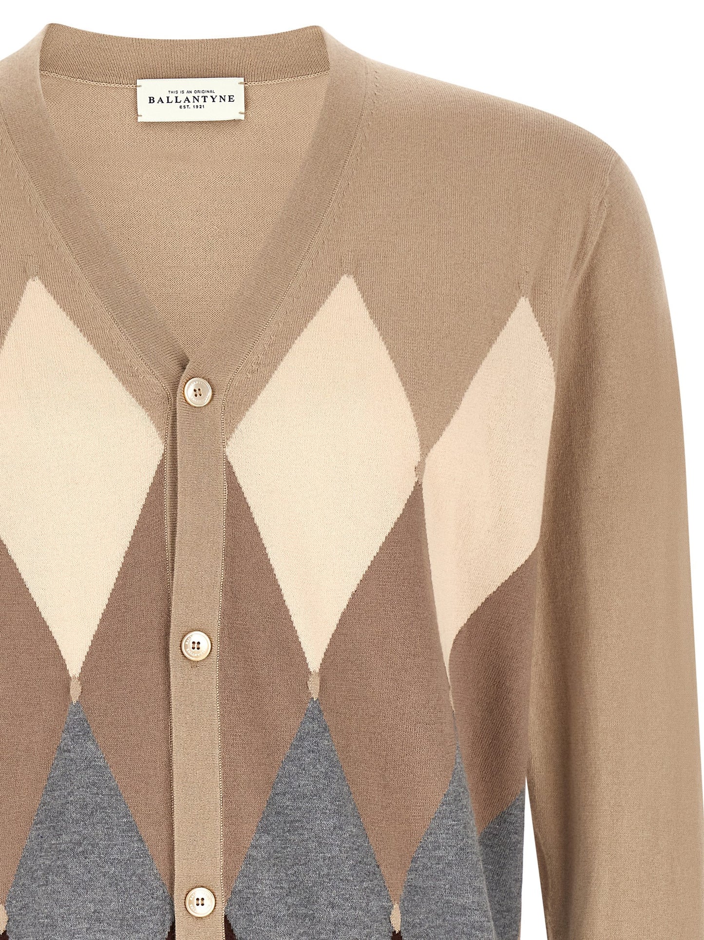 Cardigan by Ballantyne for men in cashmere cotton blend beige, pearl, patterned, argyle & jacquard features a dramatic silhouette, showcasing a sophisticated v-neck neckline and dramatic detail for a timeless, premium look.