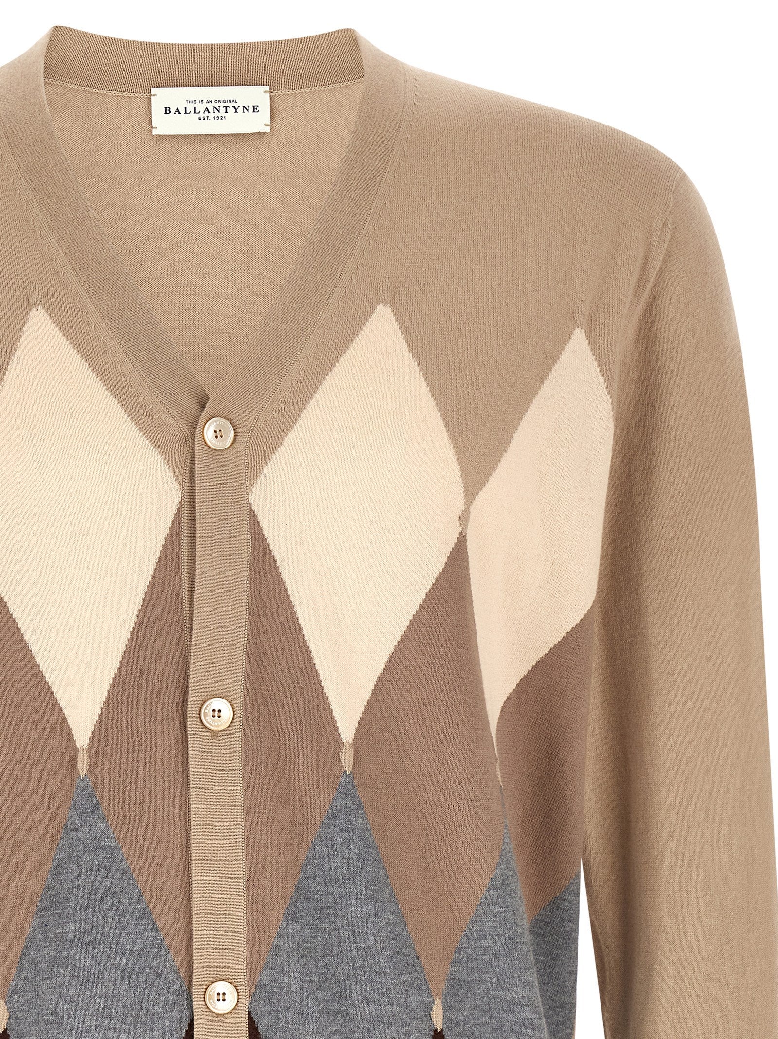 Cardigan by Ballantyne for men in cashmere cotton blend beige, pearl, patterned, argyle & jacquard features a dramatic silhouette, showcasing a sophisticated v-neck neckline and dramatic detail for a timeless, premium look.