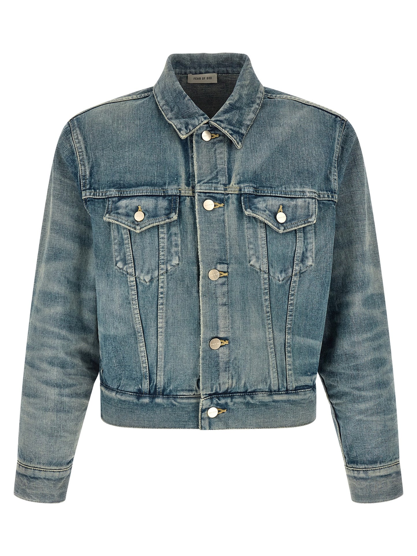 Trucker Jacket by Fear Of God for men in cotton denim light-blue features an contemporary silhouette, showcasing a sophisticated shirt-collar neckline and contemporary pockets for a truly refined look.