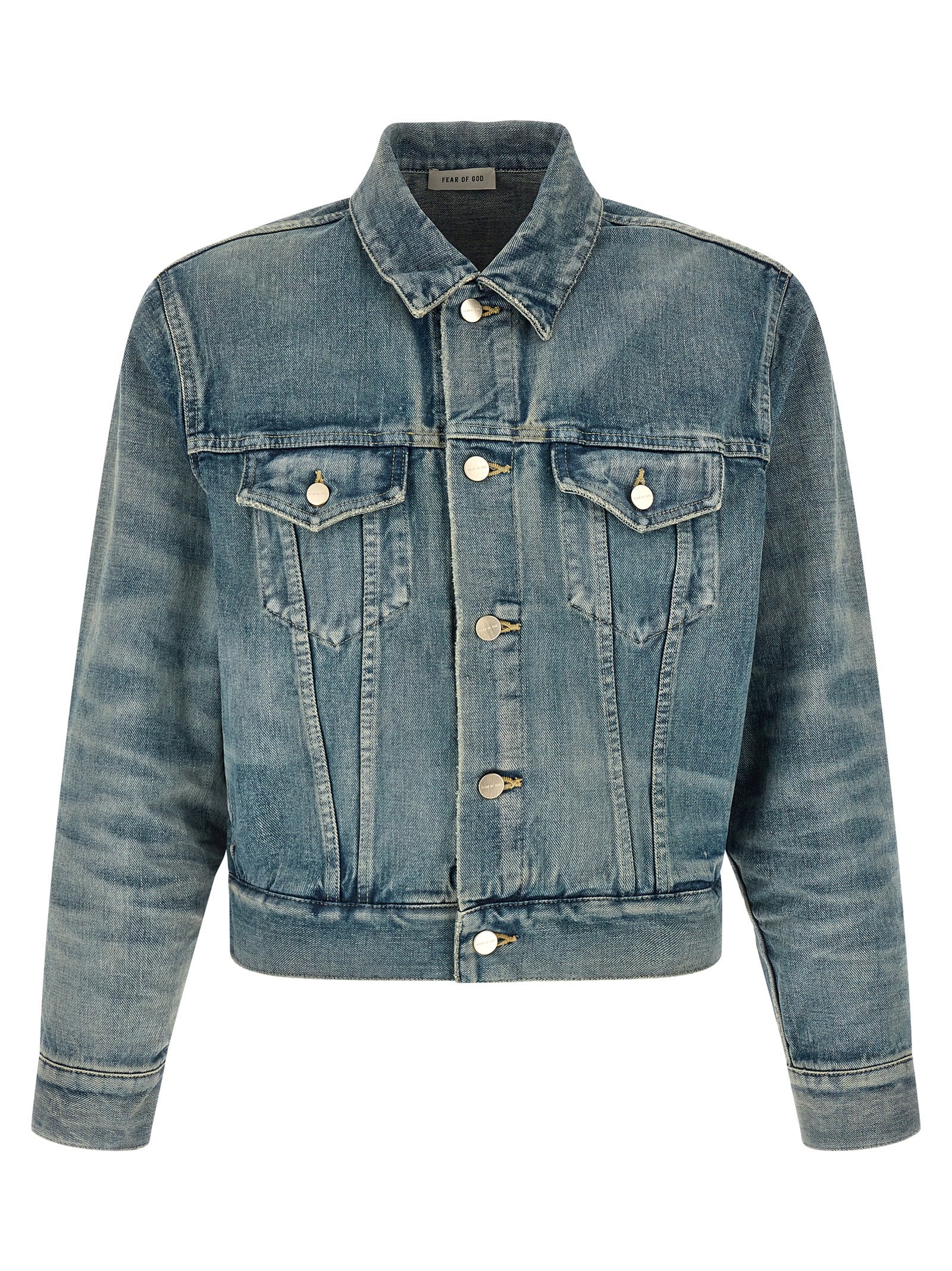 Trucker Jacket by Fear Of God for men in cotton denim light-blue features an contemporary silhouette, showcasing a sophisticated shirt-collar neckline and contemporary pockets for a truly refined look.