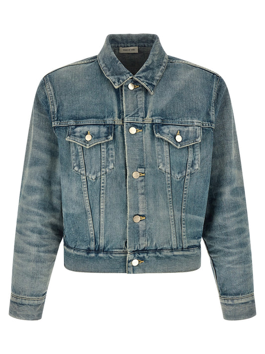 Trucker Jacket by Fear Of God for men in cotton denim light-blue & signature features a city-ready silhouette, detailed with pockets and a city-ready shirt-collar neckline.
