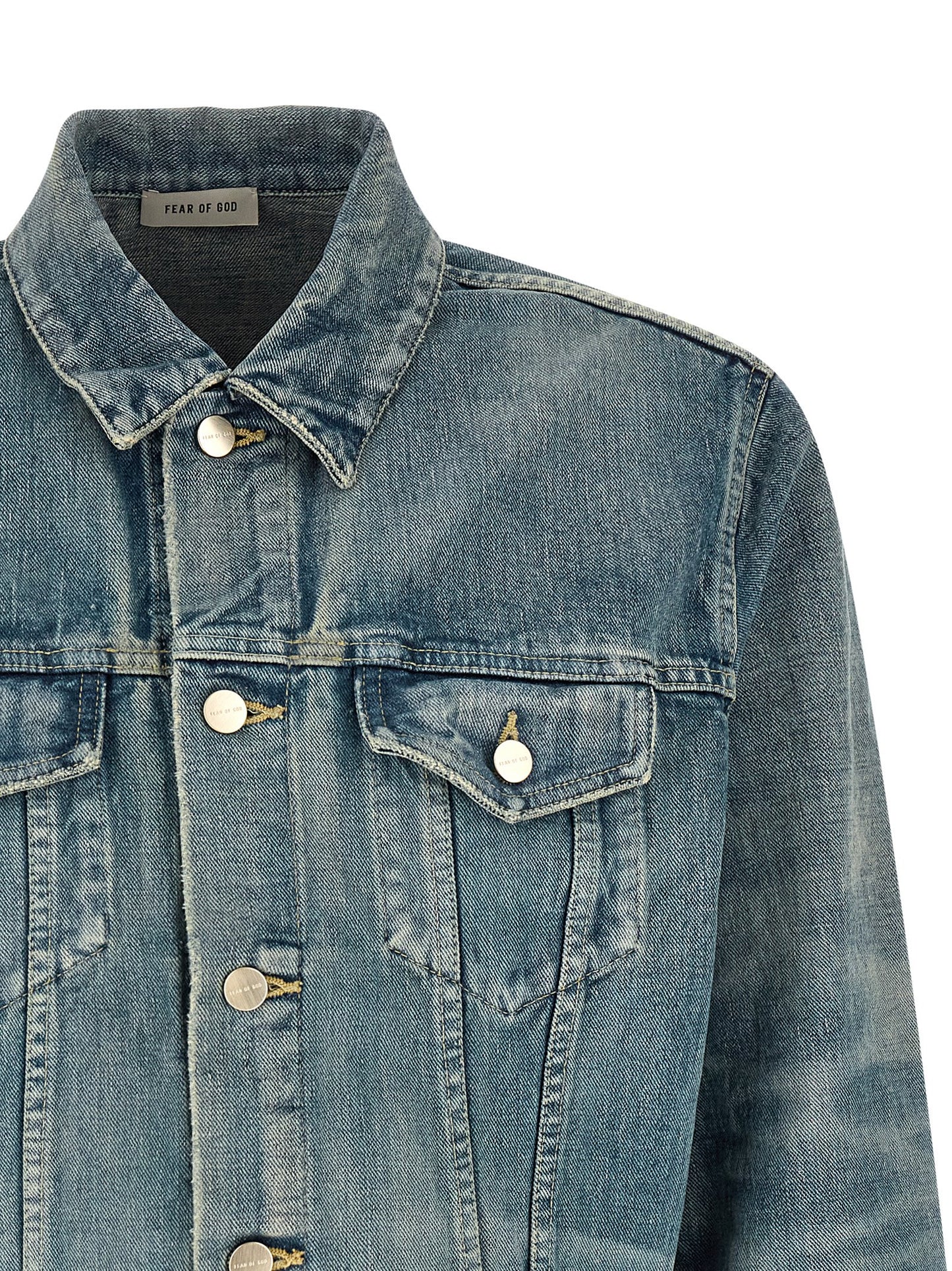 Trucker Jacket by Fear Of God for men in cotton denim light-blue presents a effortlessly chic silhouette, showcasing a sophisticated shirt-collar neckline and premium pockets for a truly effortlessly chic finish.
