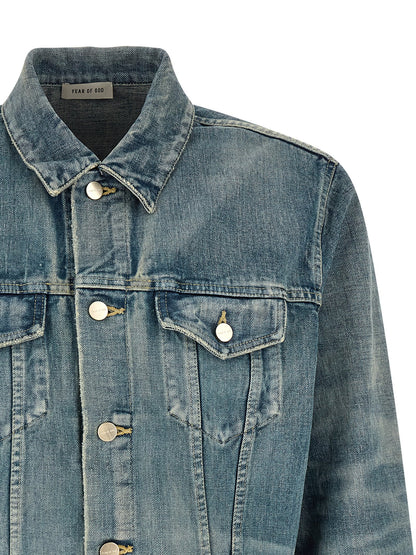 Trucker Jacket by Fear Of God for men in cotton denim light-blue presents a effortlessly chic silhouette, showcasing a sophisticated shirt-collar neckline and premium pockets for a truly effortlessly chic finish.