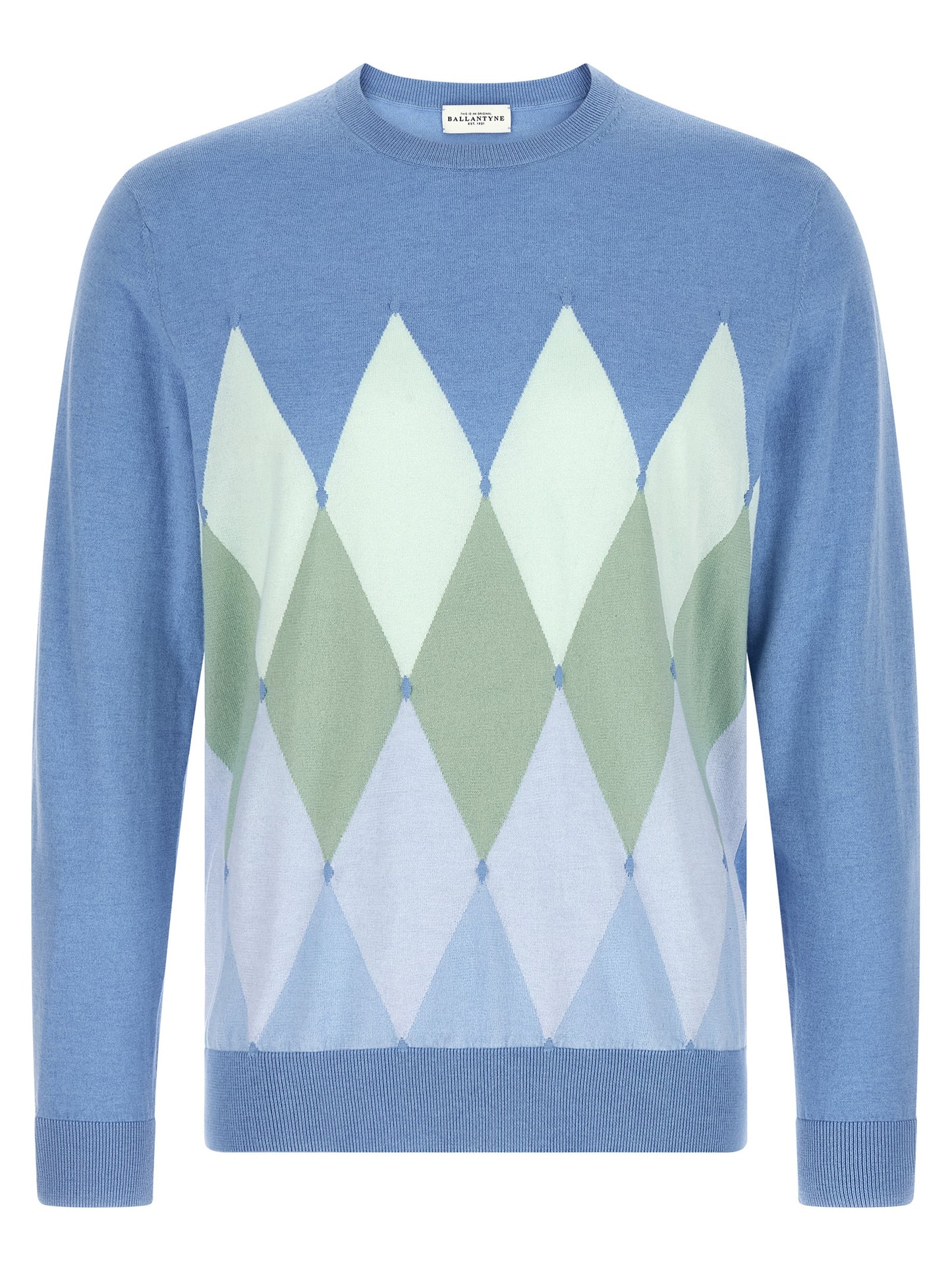 Cardigan by Ballantyne for men in cashmere cotton blend light-blue, patterned, argyle & jacquard showcases a captivating silhouette, artfully detailed with a captivating and crew neckline for a truly sophisticated captivating look.