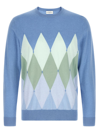 Cardigan by Ballantyne for men in cashmere cotton blend light-blue, patterned, argyle & jacquard showcases a captivating silhouette, artfully detailed with a captivating and crew neckline for a truly sophisticated captivating look.