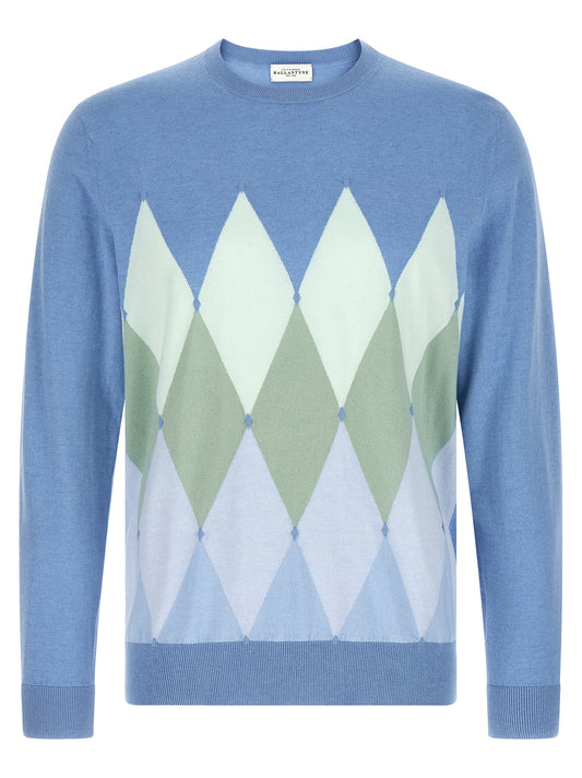 Cardigan by Ballantyne for men in cashmere cotton blend light-blue, patterned, argyle & jacquard showcases a captivating silhouette, artfully detailed with a captivating and crew neckline for a truly sophisticated captivating look.