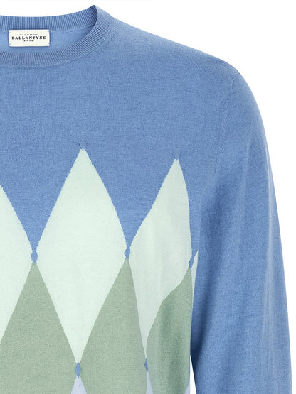 Cardigan by Ballantyne for men in cashmere cotton blend light-blue, patterned, argyle & jacquard presents a textural silhouette, artfully finished with a textural and for a sophisticated, textural look.