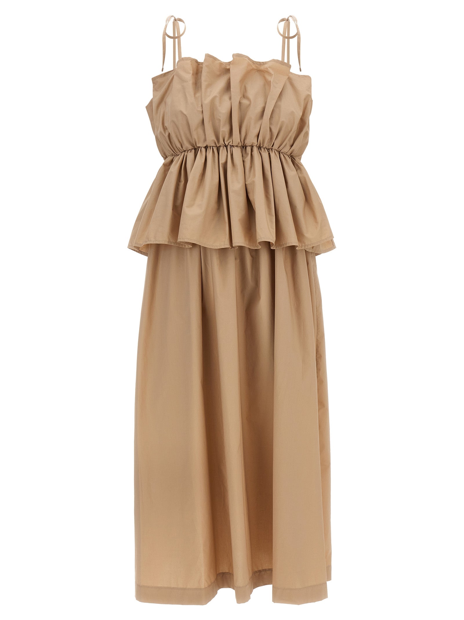 Dress by Twinset for women in cotton beige showcases a striking silhouette, elegantly detailed with a sleeveless, refined square neckline, and a striking long for a striking finish.