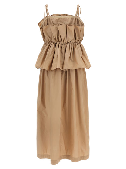 Dress by Twinset for women in cotton beige features a dramatic silhouette, showcasing an elegant square neckline and that flows into a dramatic long.