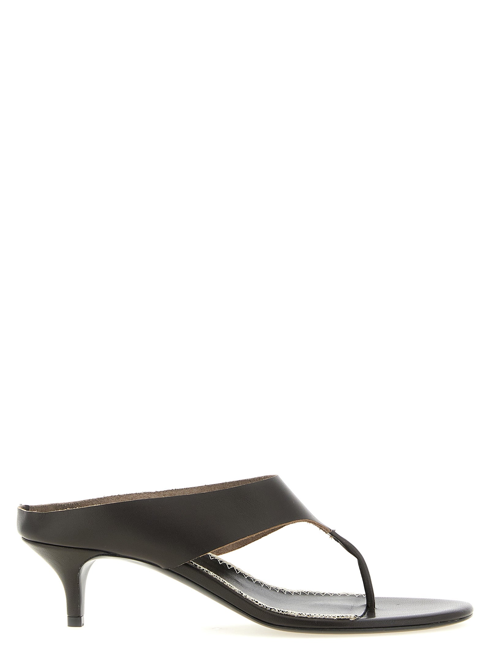 Stiletto Flip-Flop Sandals by Magda Butrym for women in leather brown presents a sculptural silhouette, showcasing the Women's Leather Stiletto Flip-Flop Sandals design with a sculptural stiletto and for a premium look.