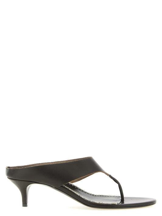 Stiletto Flip-Flop Sandals by Magda Butrym for women in leather brown presents a sculptural silhouette, showcasing the Women's Leather Stiletto Flip-Flop Sandals design with a sculptural stiletto and for a premium look.
