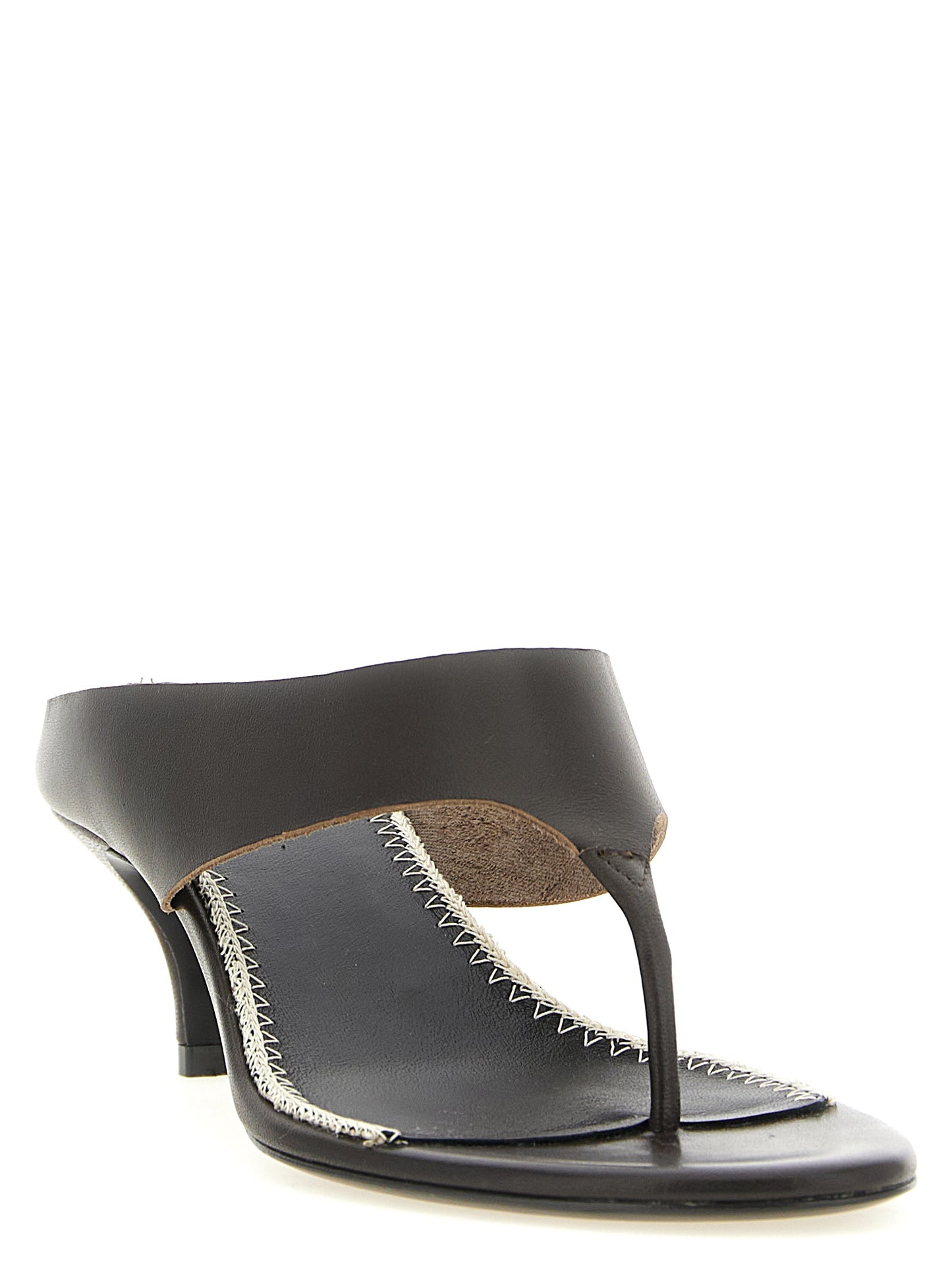 Stiletto Flip-Flop Sandals by Magda Butrym for women in leather brown features an exquisite silhouette, showcasing the exquisite Women's Leather Stiletto Flip-Flop Sandals with a stiletto and .