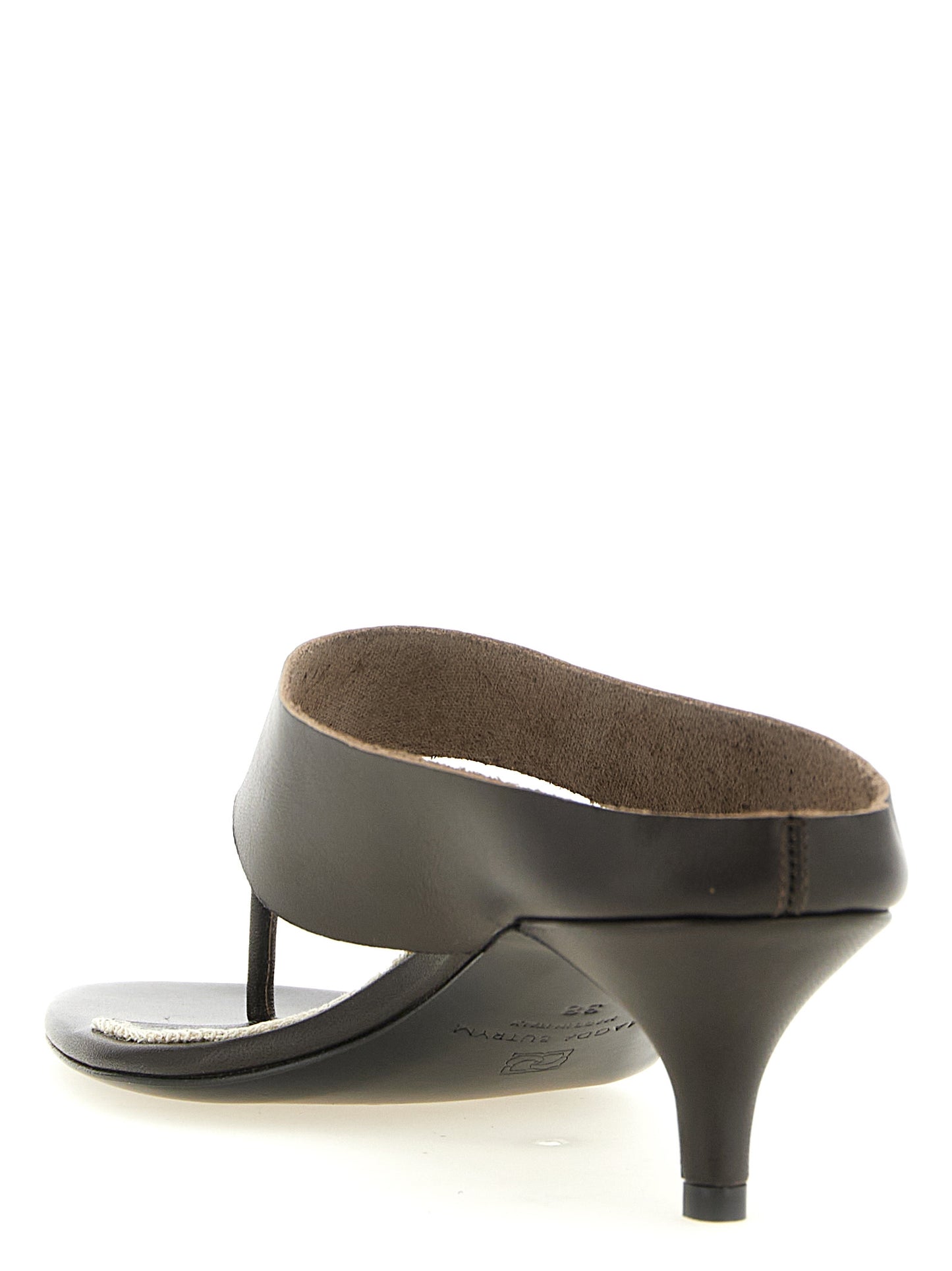 Stiletto Flip-Flop Sandals by Magda Butrym for women in leather and brown presents a captivating silhouette, showcasing the signature style of the Women's Leather Stiletto Flip-Flop Sandals with a captivating stiletto and captivating .