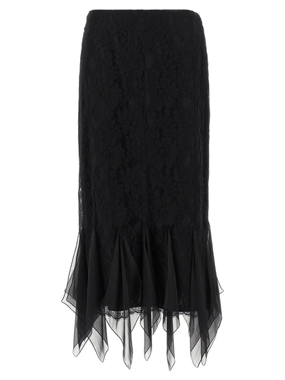 Skirt by Valentino Garavani for women in polyamide cotton chiffon black features a captivating silhouette, showcasing the captivating Women's Flared Asymmetrical Polyamide Cotton Chiffon Midi Skirt design with a sophisticated midi for a captivating look.