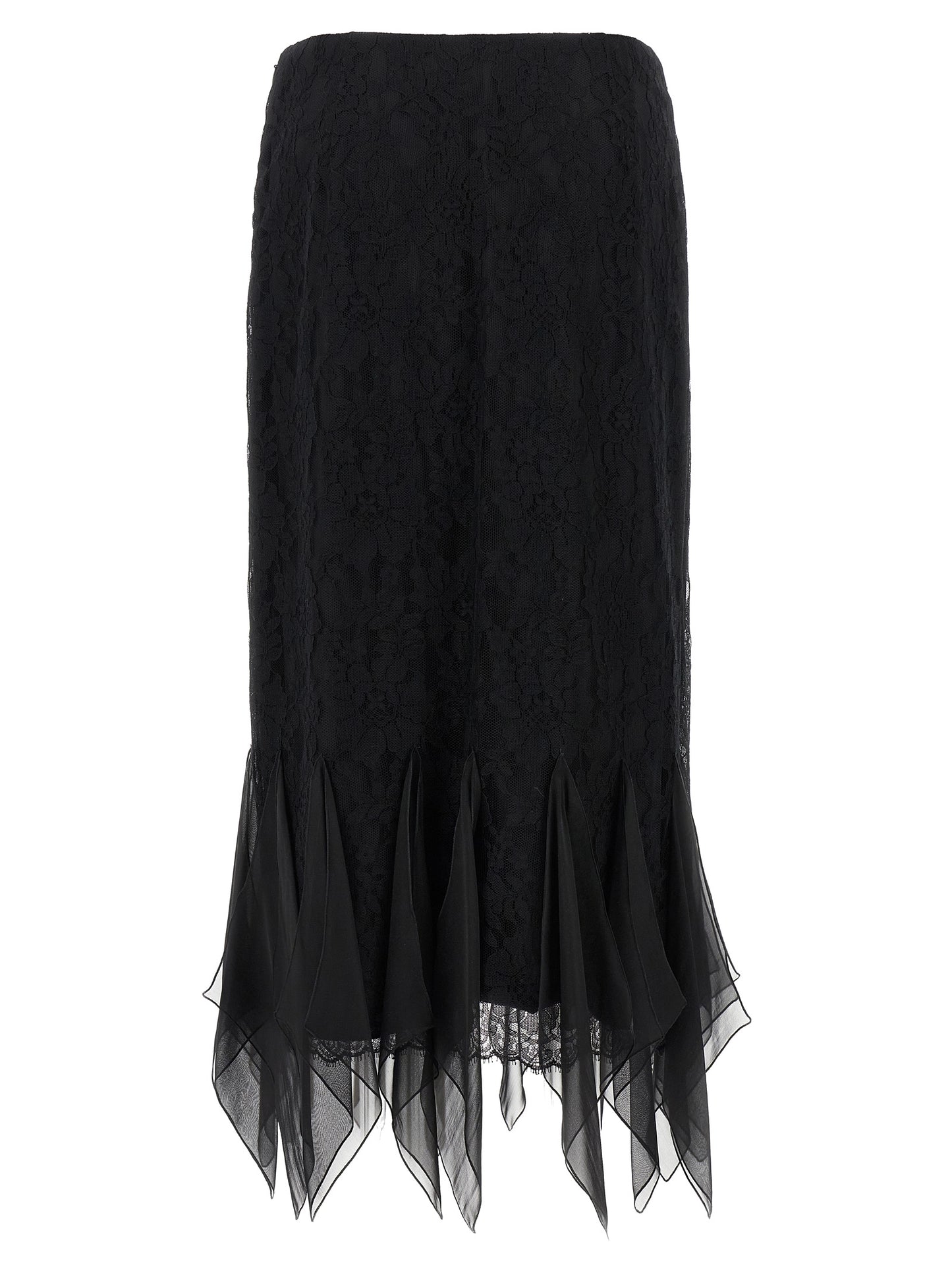 Skirt by Valentino Garavani for women in polyamide cotton chiffon black showcases a sultry silhouette, elegantly defined by its midi and the sophisticated sultry design of the Women's Flared Asymmetrical Polyamide Cotton Chiffon Midi Skirt.