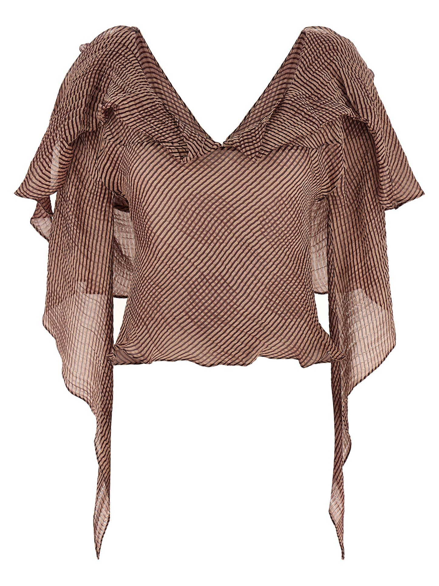 Blouse by Kiko Kostadinov for women in linen & silk bordeaux & striped features an architectural silhouette with a refined and elegant v-neck shawl-collar neckline for a architectural look.