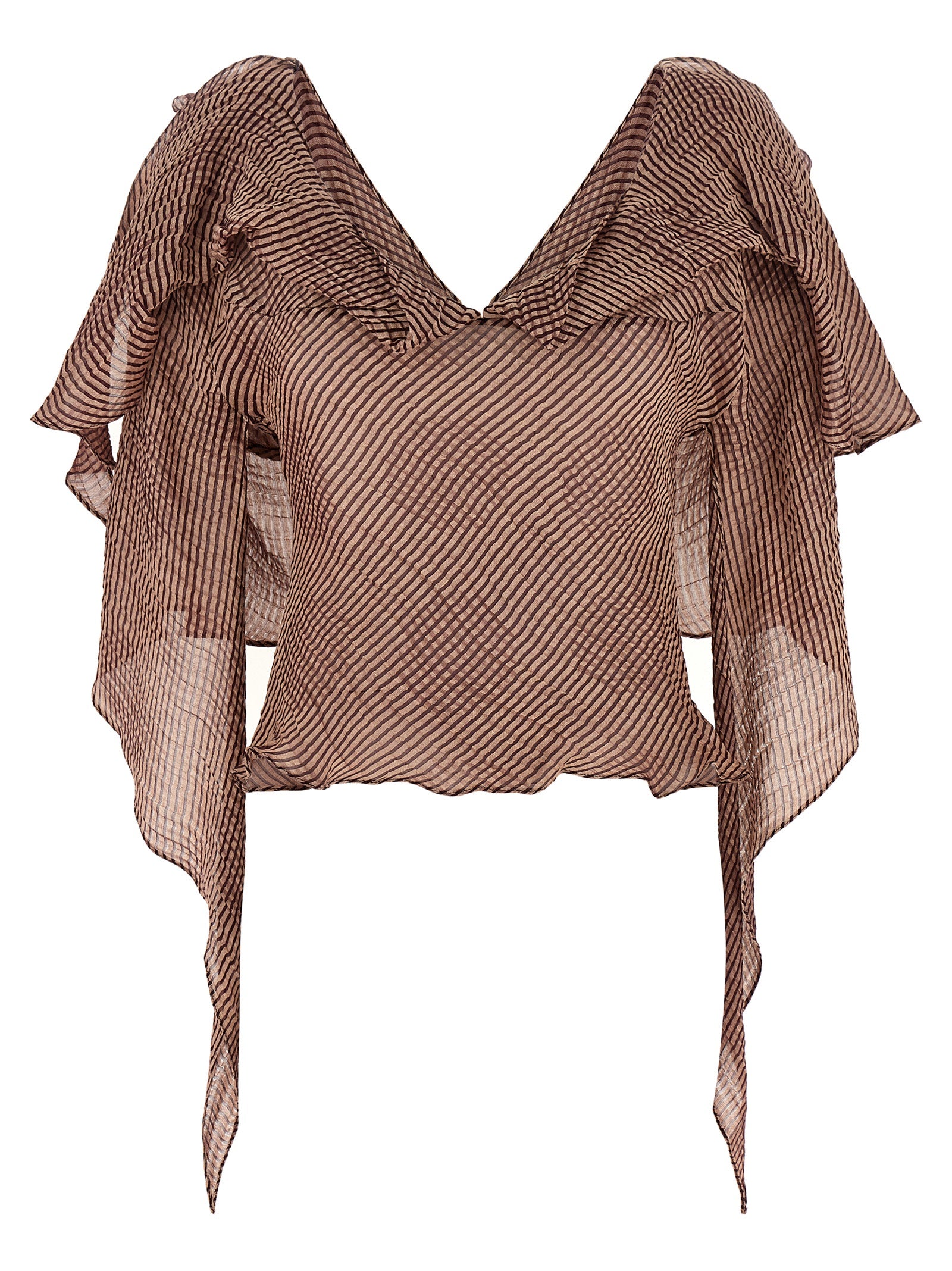 Blouse by Kiko Kostadinov for women in linen & silk bordeaux & striped features an architectural silhouette with a refined and elegant v-neck shawl-collar neckline for a architectural look.