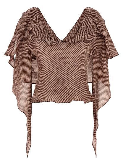 Blouse by Kiko Kostadinov for women in linen & silk bordeaux & striped features an architectural silhouette with a refined and elegant v-neck shawl-collar neckline for a architectural look.
