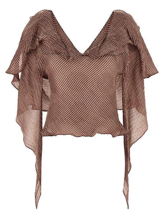 Blouse by Kiko Kostadinov for women in linen & silk bordeaux & striped features an architectural silhouette with a refined and elegant v-neck shawl-collar neckline for a architectural look.