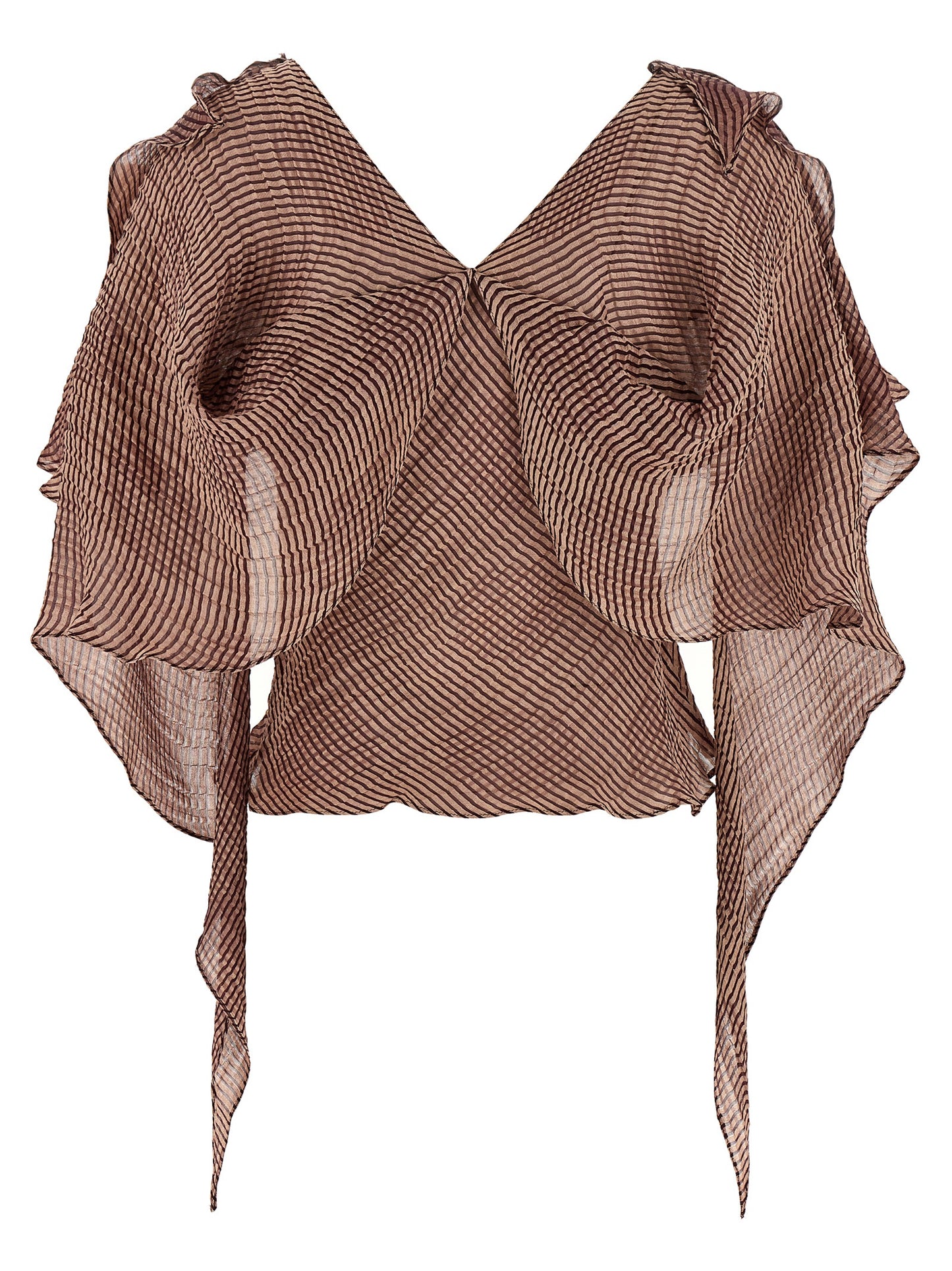 Blouse by Kiko Kostadinov for women in linen & silk bordeaux & striped presents a discerning silhouette, showcasing a sophisticated v-neck shawl-collar neckline and for a truly discerning finish.